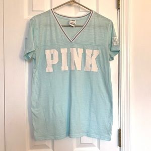 PINK Light Blue V-Neck Shirt With White Size S